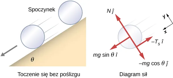 Schemat walca toczącego się bez poślizgu po pochylonej płaszczyźnie i swobodnego schematu cylindra. Ilustracja po lewej stronie pokazuje nachyloną płaszczyznę, która sprawia, że kąt theta jest poziomy. Pokazuje się, że cylinder znajduje się w spoczynku na górze, a następnie przemieszcza się wzdłuż pochylni, gdy jest niższy. Po prawej stronie znajduje się schemat swobodnego ciała. Układ współrzędnych x y jest przechylony tak, że dodatni kierunek x jest równoległy do nachylonej płaszczyzny i skierowany ku jej spodowi, a dodatni kierunek y jest na zewnątrz, prostopadły do płaszczyzny. Pokazano cztery siły. N j z daszkiem działa w centrum cylindra i wskazuje dodatni kierunek y. M g sine theta i z daszkiem działa w środku cylindra i wskazuje w kierunku dodatnim x. Minus m g cosinus theta j z daszkiem działa w środku cylindra i wskazuje w kierunku ujemnym y. Minus f sub s i z daszkiem działa w punkcie styku i wskazuje w kierunku ujemnym x.