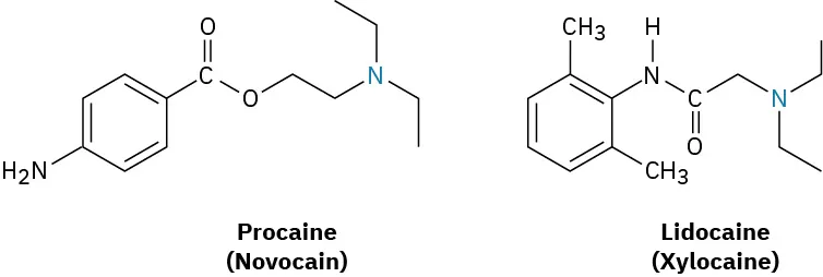 The bond-line structures of Procaine (Novocain) and Lidocaine (Xylocaine).