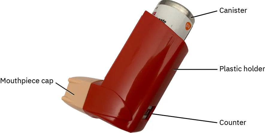 A diagram of a metered-dose inhaler.