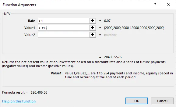 The NPV function in Excel shows the drop-down menu with the Rate cell value as open parenthesis C1 close parenthesis and Value 1 as open parenthesis C3 colon I3 close parenthesis. The formula result is $20,406.56.