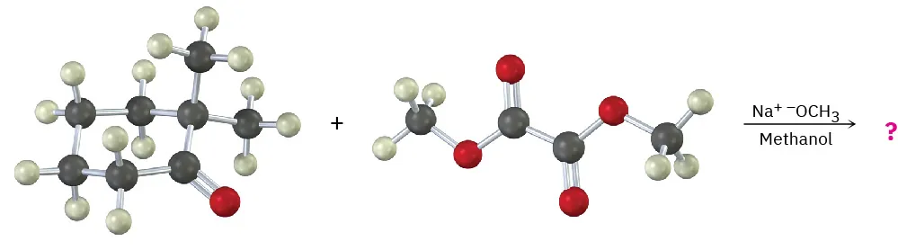 The ball-and-stick model shows the reaction of 2, 2-dimethylcyclohexanone with dimethyl oxalate in the presence of sodium methoxide in methanol. A question mark shows the unknown product.