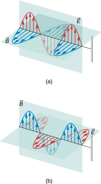 Rysunki a i b pokazują fale elektromagnetyczne wraz ze swymi obydwiema składowymi elektryczną i magnetyczną. Na rysunku a, pole elektryczne jest równoległe do przewodu, a pole magnetyczne jest prostopadłe. Na rysunku b, pole magnetyczne jest równoległe do przewodu a pole elektryczne jest prostopadłe.