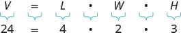 The top line says V equals L times W times H. Beneath the V is 24, beneath the equal sign is another equal sign, beneath the L is a 4, beneath the W is a 2, beneath the H is a 3.