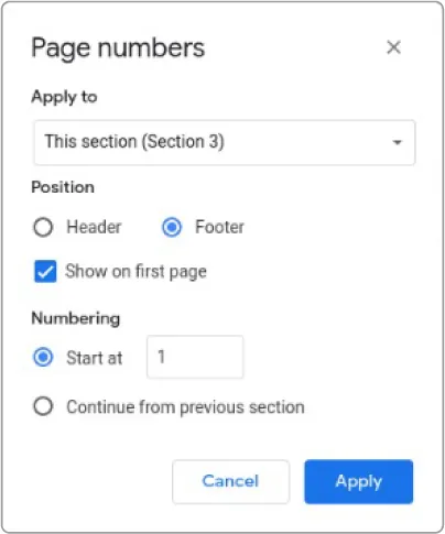 Page numbers pane is open with options for Apply to, Header and Footer positions, Show on first page, Numbering to Start at # and Continue from previous section.