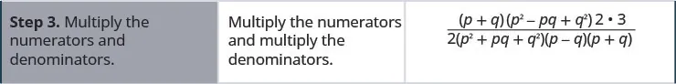 Step 3 is to multiply the numerators and denominators. The result is the quantity p plus q times the quantity p squared minus p q plus q squared times 2 times 3 all divided by the 2 times the quantity p squared plus p q plus q squared times the quantity p minus q times the quantity p plus q.