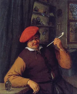 A 1646 Dutch painting depicts a man seated at a table smoking a long white clay pipe with evident enjoyment.