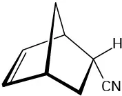 A 7-membered bicyclic ring. C 2 is double bonded to C 3. C 6 is bonded to a hydrogen atom and a cyano group.