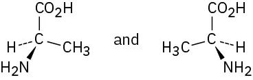 The figure shows two enantiomers of alanine represented in wedge-dash form.