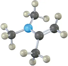 The ball-and-stick model shows a three-carbon chain with a double bond between first and second carbons. The second carbon is attached to N, N-dimethyl amine group