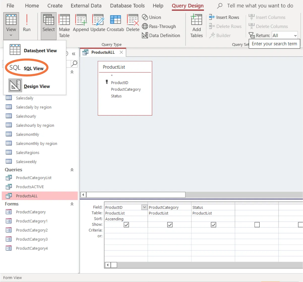 Query Design tab selected. View button selected and options include Datasheet View, SQL View (selected), Design View. ProductsALL in Queries selected and opens in windows. Table along bottom reflects query information.