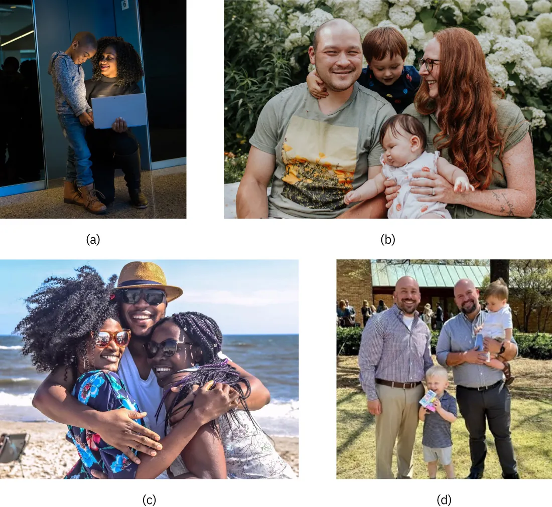 (a) Photo of adult with child; (b) photo of two adults with two children; (c) photo of three adults; (d) photo of two adults and two children.