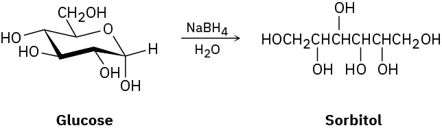 Alpha-glucose reacts with sodium borohydride and water to produce sorbitol, a six-carbon chain with one hydroxyl group on each carbon.
