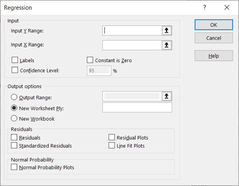 Regression pane displays Input options for Input Y Range and Input X Range. Other options available include Labels, Confidence Level, Constant is Zero available. New Worksheet Ply is selected in Output options.