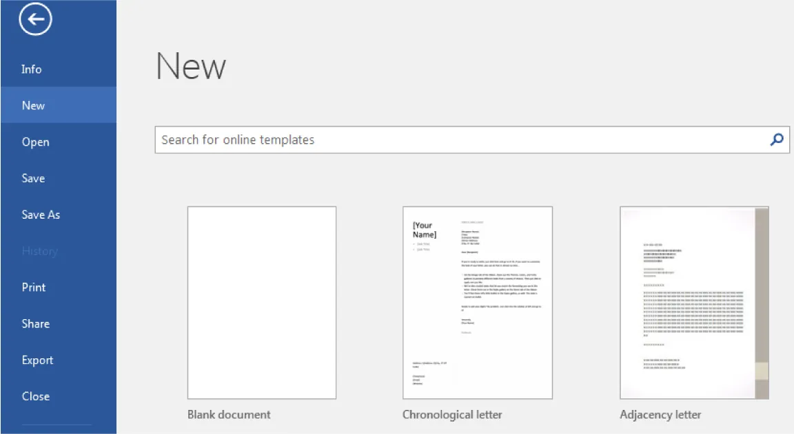 New is selected. Opens to Search bar and options of templates: Blank document, Chronological letter, and Adjacency letter (the last two showing an example of the type of letter for selection).
