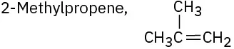 Text saying 2-methylpropene and condensed structural formula of a three-carbon chain laid out left to right with a methyl on the middle carbon and double bond between the right-most carbons.
