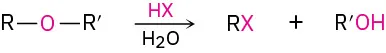 The reaction of R O R' with H X and H 2 O produces R X and R dash O H.