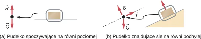 Rysunek a przedstawia pudełko spoczywające na równi prostej. Diagram ukazujący rozkład sił działających na pudełko, znajdujący się po prawej stronie rysunku. Jak widać, wektor siły reakcji zaznaczony jest prostopadle do powierzchni i skierowany ku górze, siła ciężkości natomiast posiada ten sam kierunek, lecz zwrot jej jest przeciwny niż siły reakcji. Rysunek b z kolei pokazuje rozkład sił działających na pudełko spoczywające na równi pochyłej. W tym z kolei przypadku, wektor siły ciężkości skierowany jest prostopadle do podstawy równi a siła reakcji ma kierunek prostopadły do powierzchni równi. Zauważ, że ich kierunki nie są takie same! Na rysunku zaznaczono również wektor siły tarcia, równolegle do powierzchni równi.