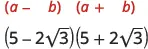 This image displays the difference of squares formula, (a-b)(a+b), and an application of it with radical numbers: (5 - 2√3)(5 + 2√3).