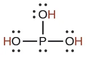Lewis structure of phosphorous acid (H3PO3), featuring a central phosphorus atom bonded to three hydroxyl groups, with each oxygen having two lone pairs.