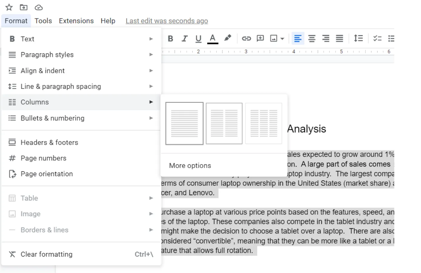 Format is selected, then Columns from the options. Columns opens to images of a document with one column, two columns, or three columns respectively available for selection. More options is listed also.