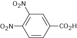 The structure has a benzene ring. C 1 is bonded to a carboxylic acid group. C 3 and C 4 are each bonded to a nitro group.