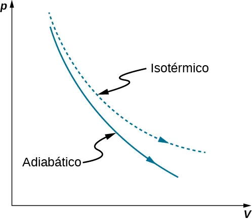 La figura es un trazado de presión, p, en el eje vertical como una función de volumen, V, en el eje horizontal. Se trazan dos curvas. Ambos son monótonamente decrecientes y cóncavos. Uno es ligeramente más alto y tiene una mayor curvatura. Esta curva está identificada como “isotérmica”. La segunda curva está por debajo de la curva isotérmica y tiene una curvatura ligeramente menor. Esta curva está identificada como “adiabática”.