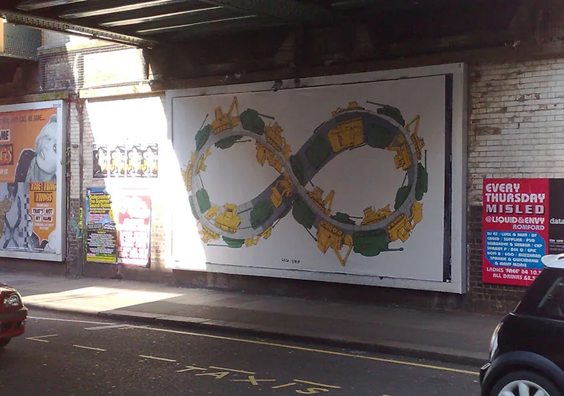 A mural at the Gaza Strip in Prague, Czech Republic, features a  Mobius strip (spiral that does not intersect itself) made up of green tanks and yellow steamrollers.