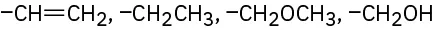 The figure shows four sets of substituents. Vinyl, ethyl, C H 2 O C H 3, and hydroxymethyl with open single bonds.