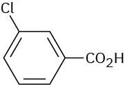 The structure has a benzene ring. C 1 is bonded to a carboxylic acid group. C 3 is bonded to a chlorine atom.