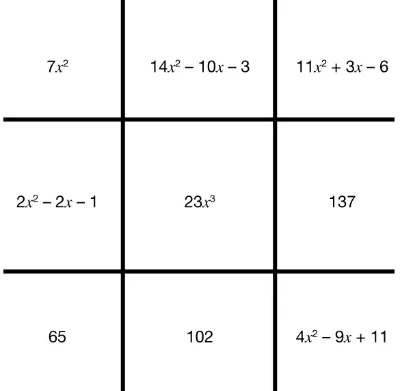 A tic-tac-toe boardtop row from left to right: 7-x-squared, 14-x-squared-minus-10-x-minus-3, 11-x-squared-plus-3-x-minus-6second row from left to right: 2-x-squared-minus-2-x-minus-1, 23-x-cubed, one hundred thirty-sevenbottom row from left to right: 65, one hundred two, 4-x-squared-minus-9-x-plus-11.