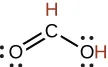 Lewis structure of formic acid (HCOOH) with lone pairs shown, illustrating its molecular arrangement and bonding.
