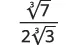 A mathematical expression displaying the cube root of 7 divided by 2 times the cube root of 3.