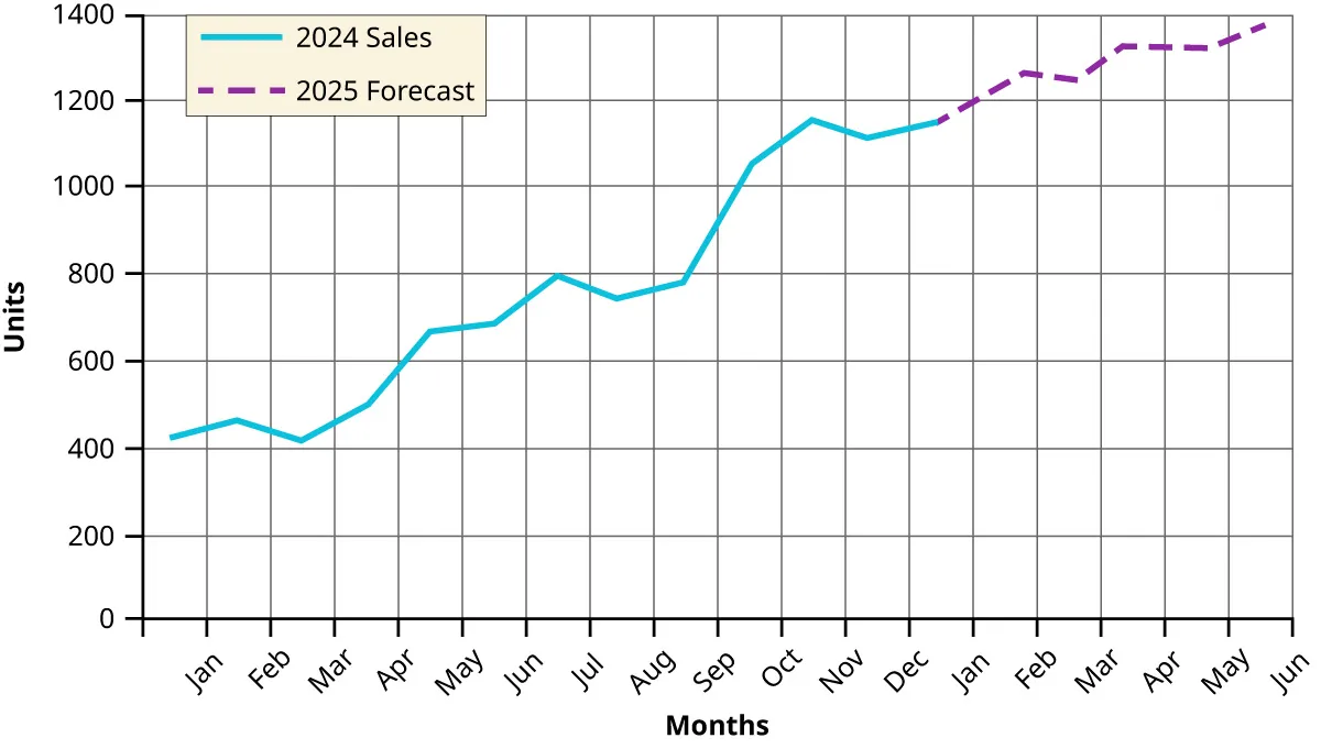 Units sold graph (0-1400): January 2024-June 2025. 2024 Sales (blue line) rising January (400) through November (1200); falling in mid-December (1100). 2025 Forecast (purple dashes) rising January (1200) through June (1400)).