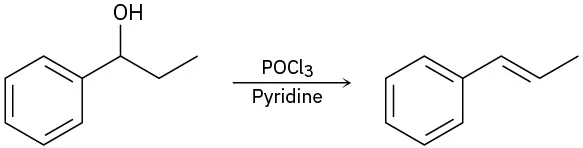 1-phenyl-propan-1-ol reacts with phosphoryl chloride and pyridine to form prop-1-en-1-ylbenzene.