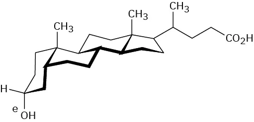 The chair conformation of lithocholic acid. A tetracyclic conformation of three cyclohexyls and one cyclopentyl fused rings with one equatorial hydroxyl, two axial methyls, and methyl substituted butyric acid
