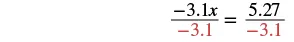 A step in solving an algebraic equation, showing both sides of the equation -3.1x = 5.27 being divided by -3.1, highlighting the division operation to isolate x.