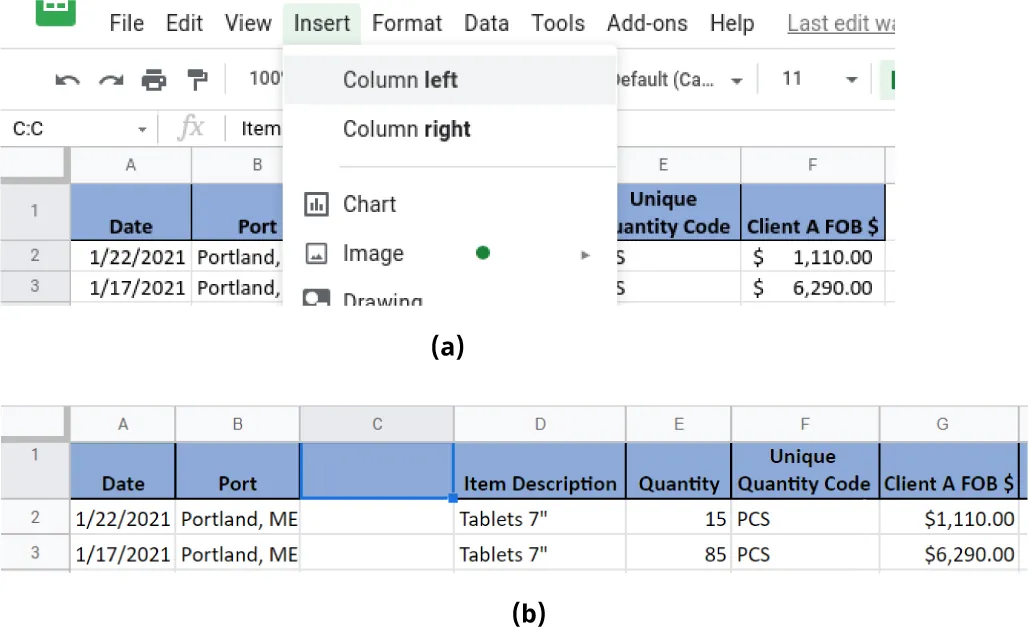 (a) Insert opens to options for Column left and Column right. (b) Spreadsheet display a new column created to the right of Column B. All columns at right are now shifted right.