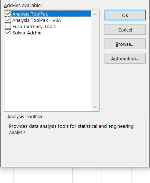 Add-ins available options: Analysis ToolPak (selected), Analysis ToolPak – VBA (selected), Euro Currency Tools, and Solver Add-in (selected). Provides data analysis tools for statistical and engineering analysis. Reads across bottom.