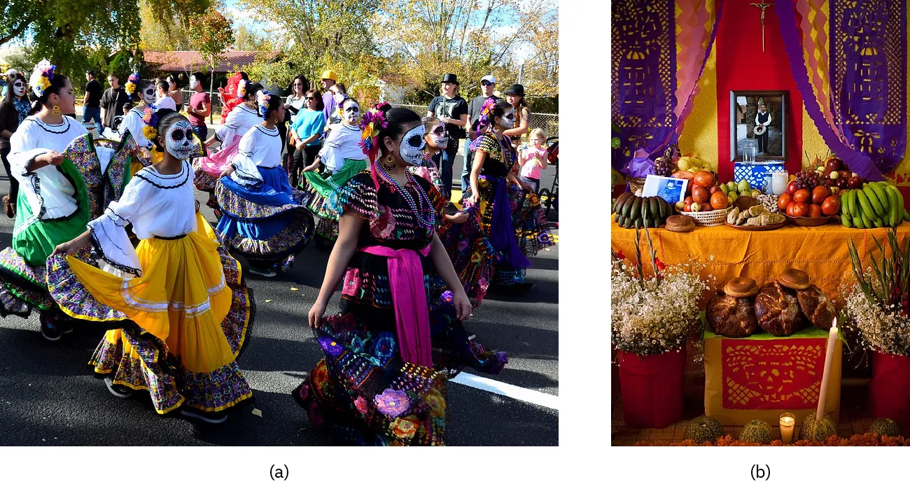 Photo of (a) parade with individuals dressed in bright colors, wearing white death masks and (b) colorful altar decorated with fruits, pictures, flowers, breads, and candles.