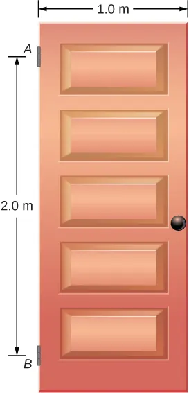 Figure is a schematic drawing of a swinging vertical door supported by two hinges attached at points A and B. The distance between points A and B is 2 meters. Door is one meter wide.