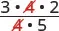 An example of fraction simplification, where the common factor '4' is canceled from both the numerator and denominator of (3*4*2)/(4*5).