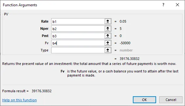 Screenshot of completed dialog box for PV function arguments. In the PV section, all the empty fields are filled with the relevant cell names.