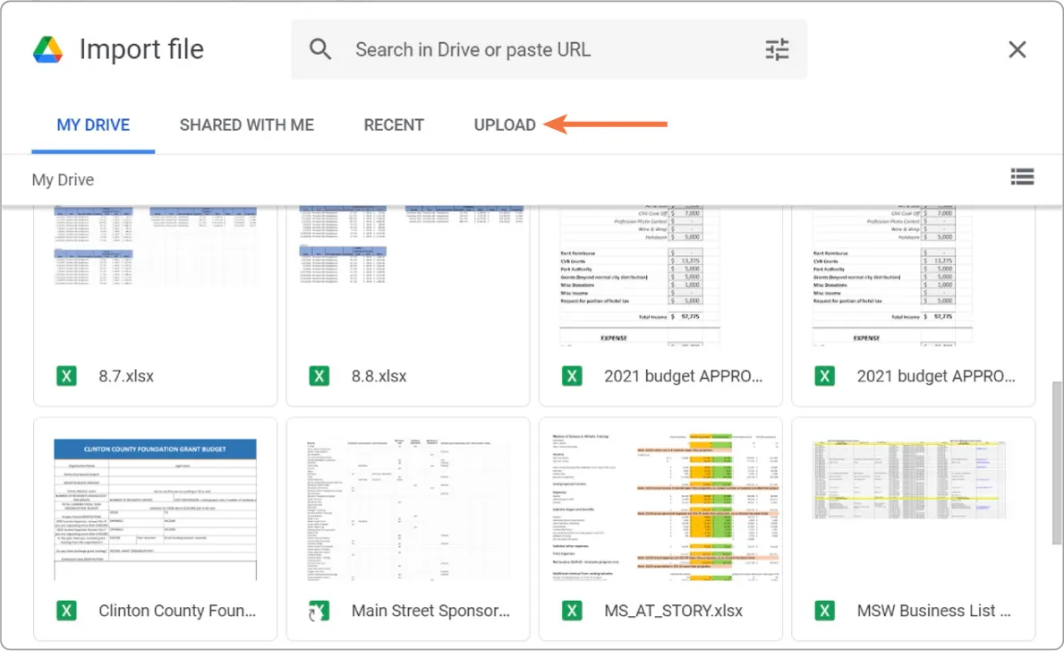 Import file window displays tabs for: My Drive (selected), Shared with me, Recent and Upload (indicated). Thumbnails of files are visible for selection.
