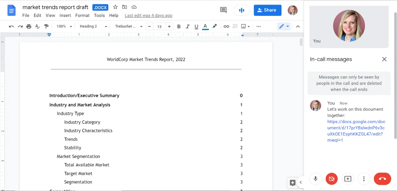 An In-call messages pane displays image of person on a call with comments. Turn off microphone, Your camera is blocked, Present Now, More options pop-up menu, and Leave call icons are visible.