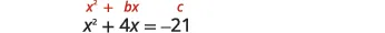 Two math expressions are shown: the general quadratic form x² + bx + c in red, and a specific quadratic equation x² + 4x = -21 in black on a white background.
