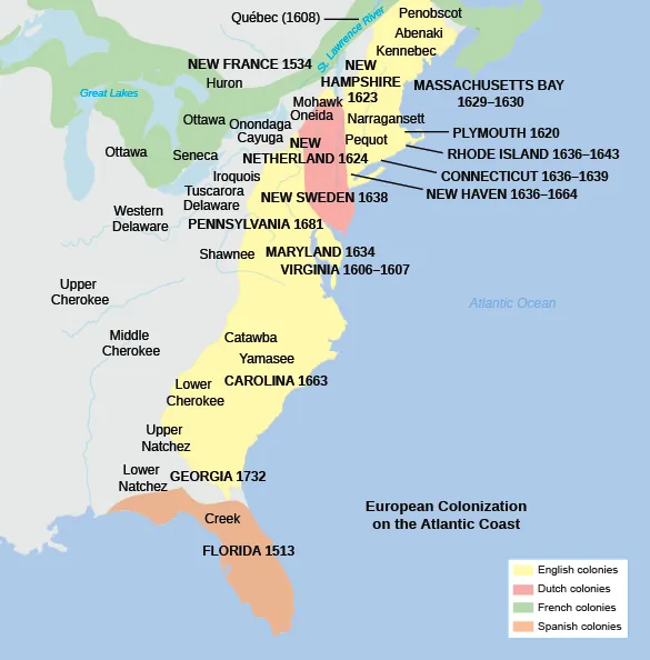 This is a map showing the English, Dutch, French, and Spanish colonies on the Atlantic coast and the dates of their settlement, as well as the names of Native American tribes inhabiting those areas.