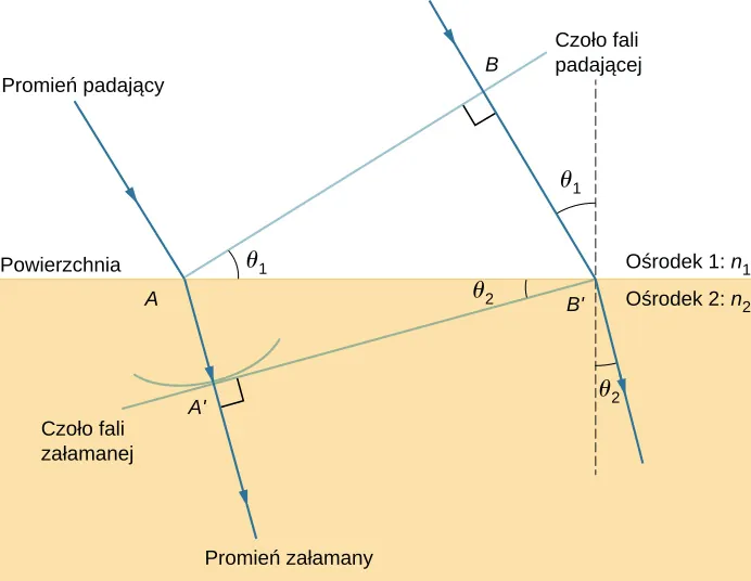 Rysunek stanowi geometryczne przedstawienie załamania promienia i związanego z nim czoła fali. Pozioma powierzchnia rozdziela dwa ośrodki: ośrodek 1 o współczynniku załamania n 1 oraz ośrodek 2 o współczynniku załamania n 2. Z ośrodka 1 do ośrodka 2 wpada promień światła. Dociera do powierzchni w punkcie A i załamuje się w kierunku normalnej w ośrodku 2. Przez punkt A przebiega prostopadła do promienia w ośrodku 1 przerywana linia opisana jako czoło fali. Promień pada na powierzchnię pod kątem teta 1. Obok narysowany jest drugi promień równoległy do pierwszego znajdujący się dalej od powierzchni. W chwili, gdy pierwszy promień pada na powierzchnię, ten promień znajduje się w punkcie B, zaś do powierzchni dociera w punkcie B prim. W punkcie B prim narysowana jest przerywaną linią normalna powierzchni, a także ciągłą linią czoło fali tego promienia, prostopadłe do niego. Kąt między normalną a drugim promieniem także wynosi teta 1. Trójkąt utworzony przez punkty A, B, i B prim jest trójkątem prostokątnym, z kątem teta 1 przy wierzchołku A i kątem prostym przy wierzchołku B. Promienie załamane w punktach A i B prim odginają się w kierunku normalnych, tworząc z nimi kąty teta 2. Czoło fali załamanej prostopadłe do obu promieni załamanych jest narysowane w punkcie B prim. To czoło fali przecina pierwszy promień w punkcie A prim i tworzy z powierzchnią kąt theta 2.