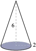 A 3D image of a cone with its height shown as 6 and its base radius as 2. The circular base is shaded in purple.
