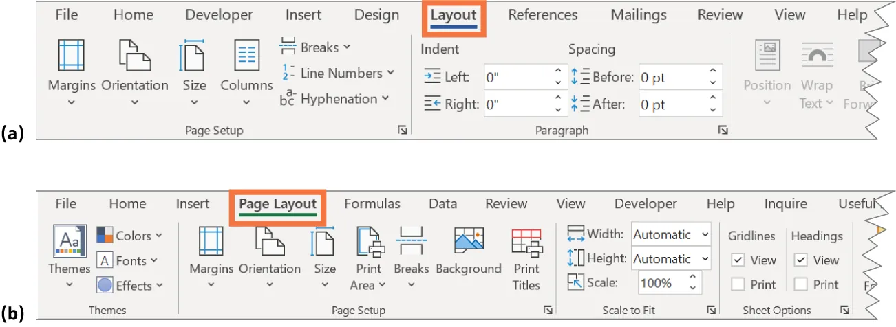 (a) Word Layout tab displays Page Setup and Paragraph command groups. (b) Excel Page Layout tab displays Themes, Page Setup, Scale to Fit, and Sheet Options command groups.