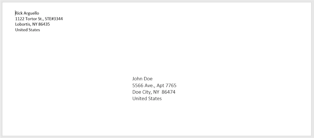 An envelope is visible with an address in the top left and another address in the middle of the envelope.